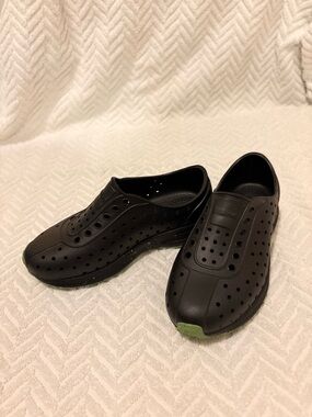 C13 Native Shoes Kids Black Slip-On Perforated Sneakers with Green Accent